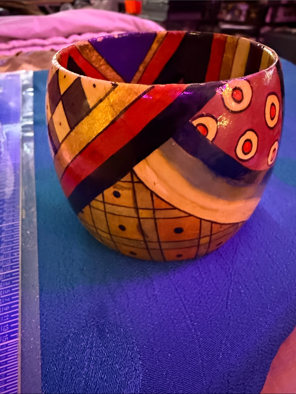 Hand-Painted Multicolor statement bangle bracelet made of wood